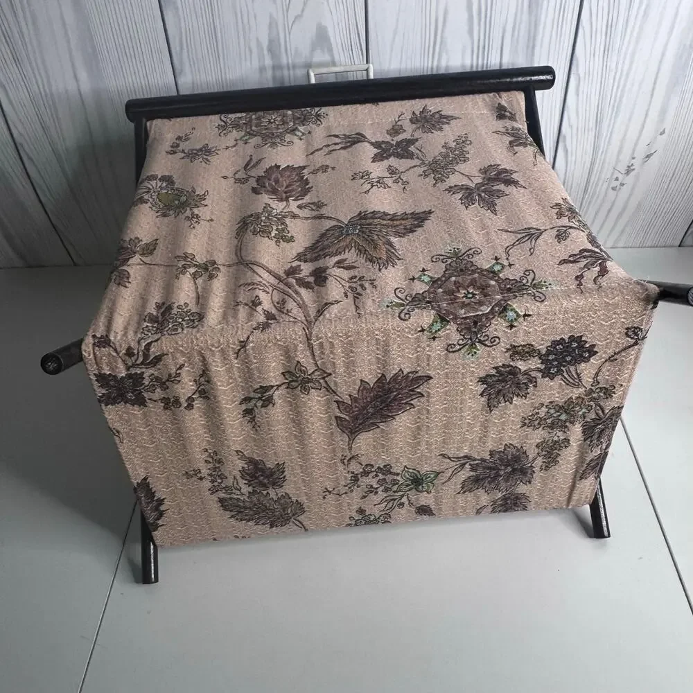 VTG MCM Wood Framed Folding Knit Craft Sew Yarn Basket Floral Design Pink